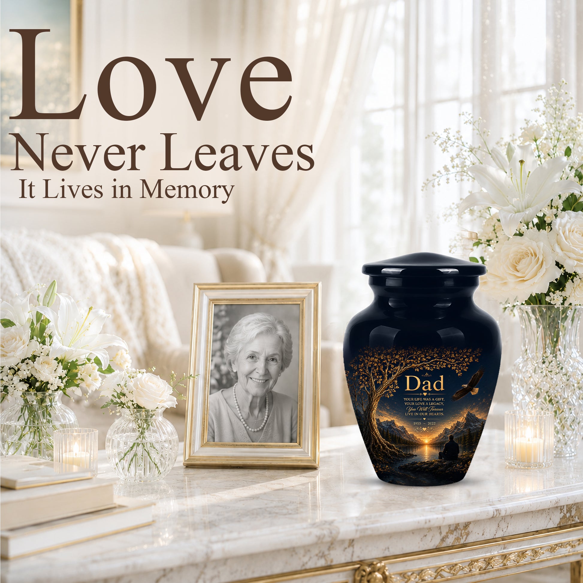 Mountain Memorial Urn for Dad – Black Funeral Urn for Human Ashes