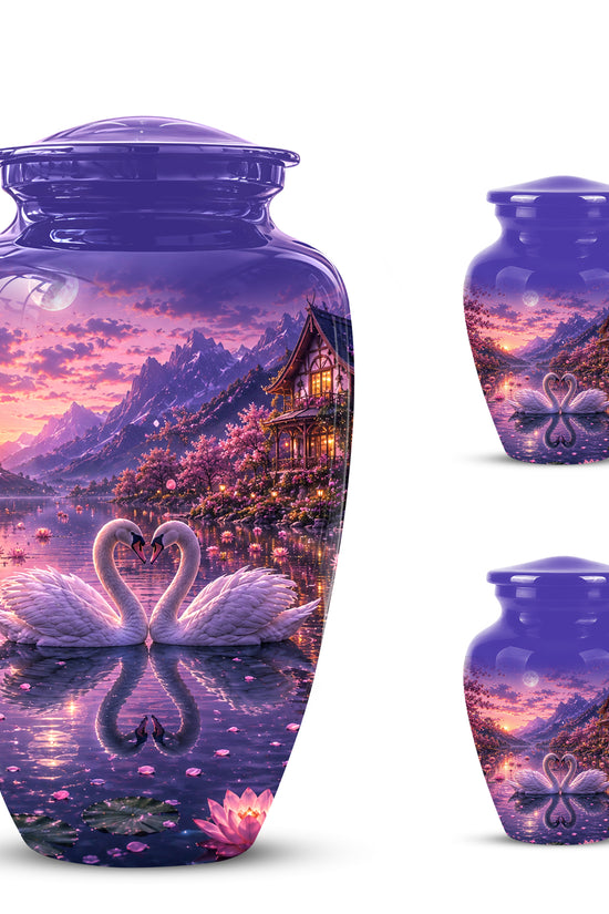 Couple Swan Cremation Urn - Purple Memorial Urns For Loved Ones Ashes