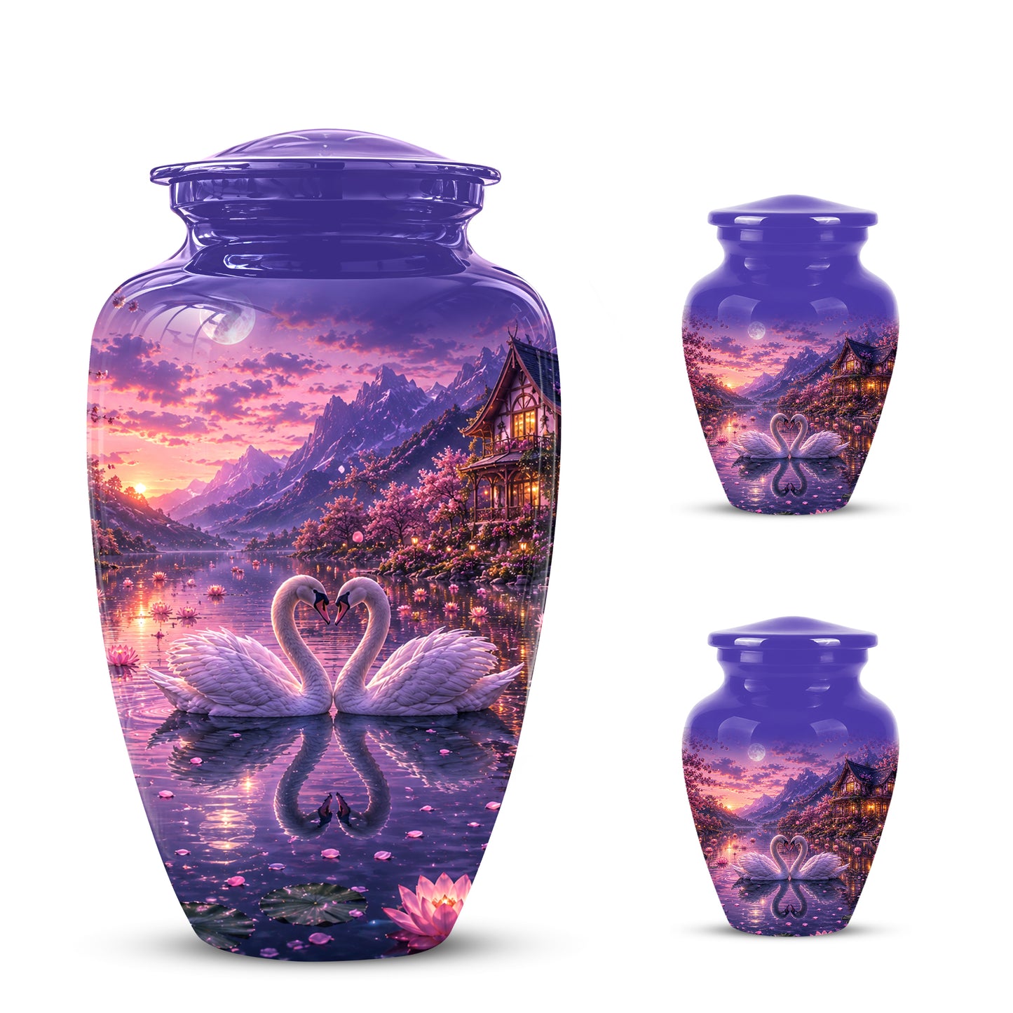 Couple Swan Cremation Urn - Purple Memorial Urns For Loved Ones Ashes
