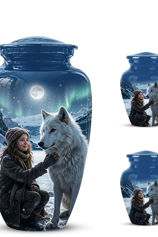 Snowy Moonlit White Wolf Urn for Ashes | Custom Memorial Urn