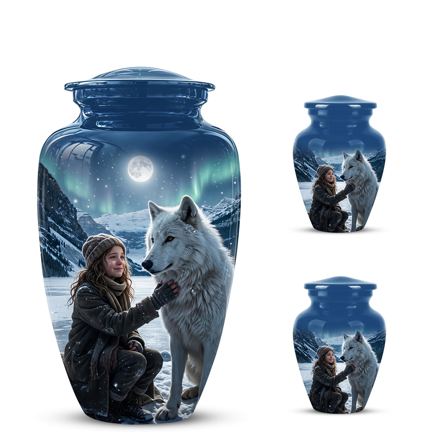 Snowy Moonlit White Wolf Urn for Ashes | Custom Memorial Urn