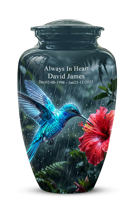 Blue Hummingbird With Red Flower - Personalized Memorial Urns For Ashes