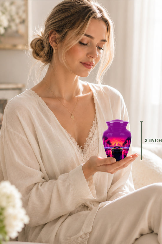 Neon Sunset Cityscape Sports Car Urn - Artistic Cremation Urn On Sale