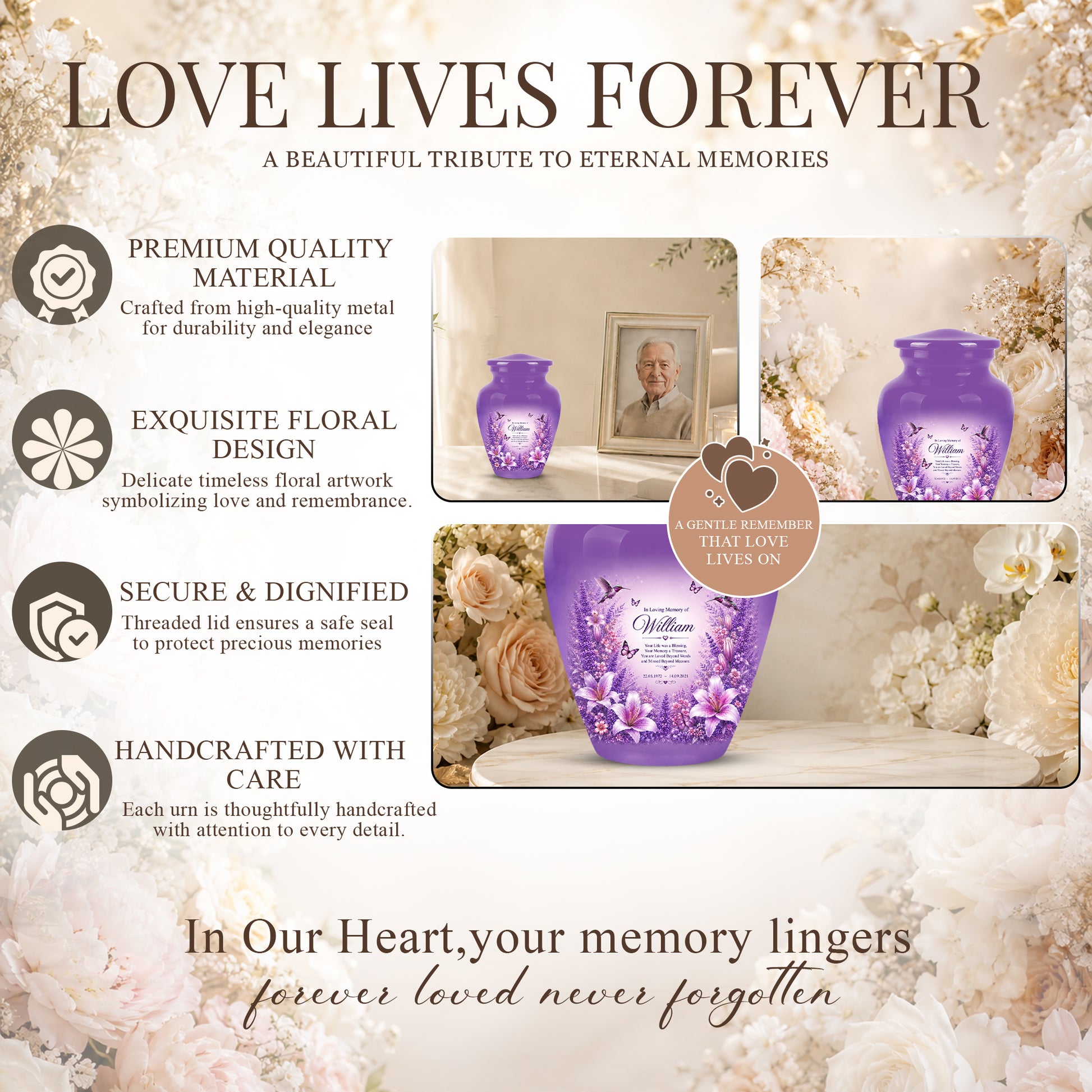 Lavender Hummingbird Urn – Purple Floral Urn for Human Ashes