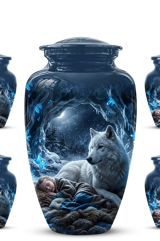 White Wolf With Girl Urn - Custom Memorial Urns For Men & Women Ashes