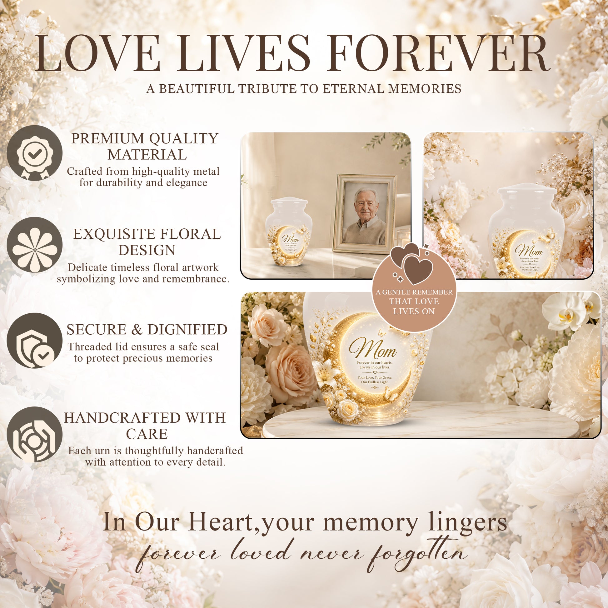 Floral Memorial Urn for Mom – White Aluminium Cremation Urn for Ashes