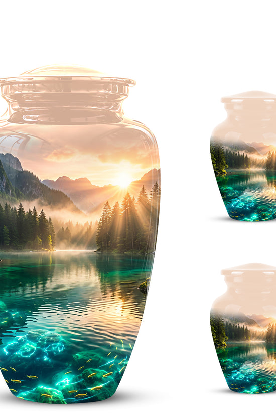 Serene Mountain Lake Cremation Urn- Custom Memorial Art Urns For Ashes