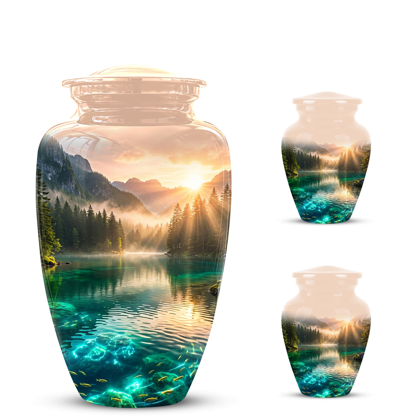 Serene Mountain Lake Cremation Urn- Custom Memorial Art Urns For Ashes
