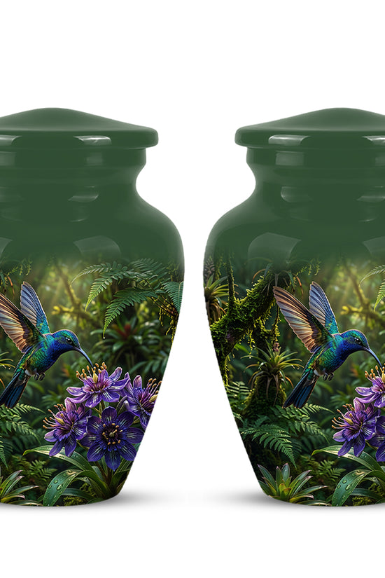 Flying Hummingbird Themed Urn - Beautiful Purple Flower Cremation Urns