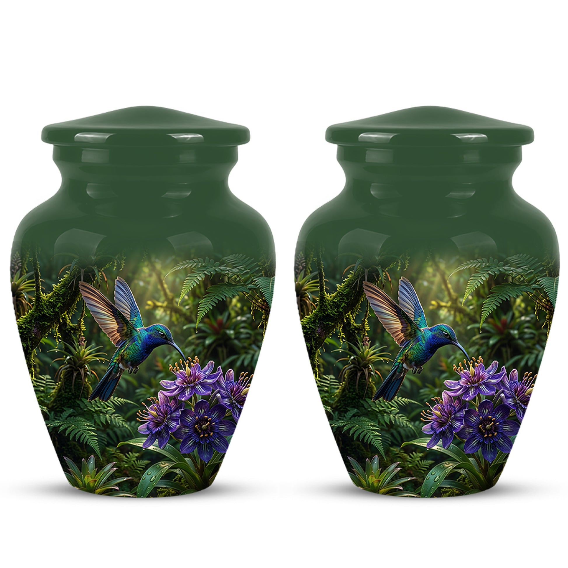 Flying Hummingbird Themed Urn - Beautiful Purple Flower Cremation Urns