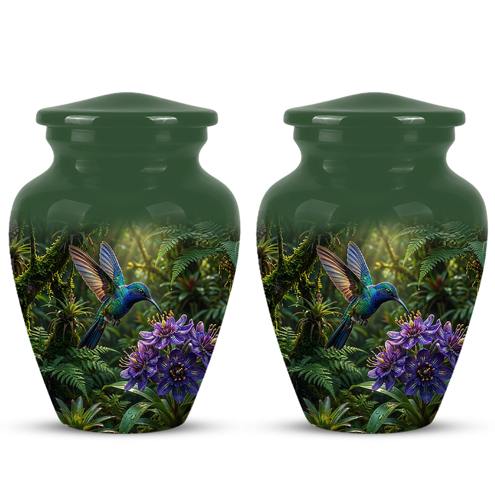 Flying Hummingbird Themed Urn - Beautiful Purple Flower Cremation Urns