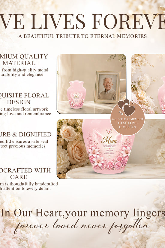Angel Wings Funeral Urn for Mom – Pink Aluminium Burial Urn for Human Ashes