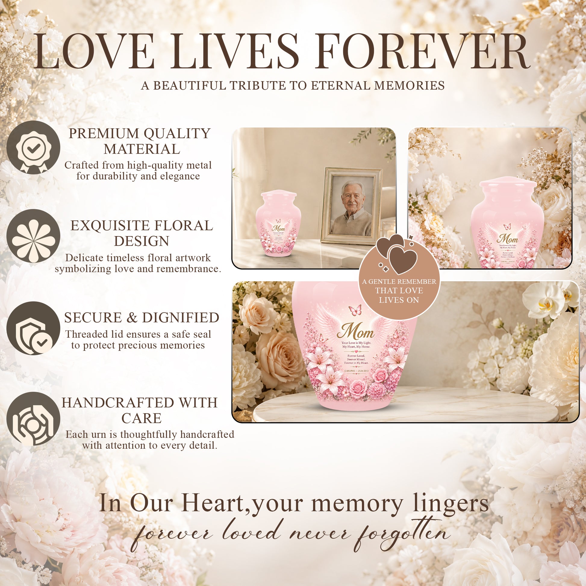Angel Wings Funeral Urn for Mom – Pink Aluminium Burial Urn for Human Ashes