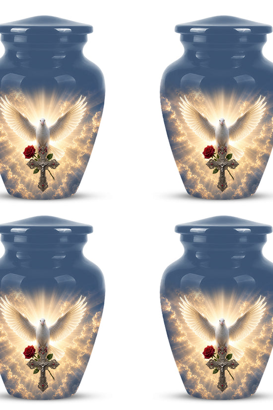 White Dove Bird With Rose - Blue Memorial Urns For Human Ashes