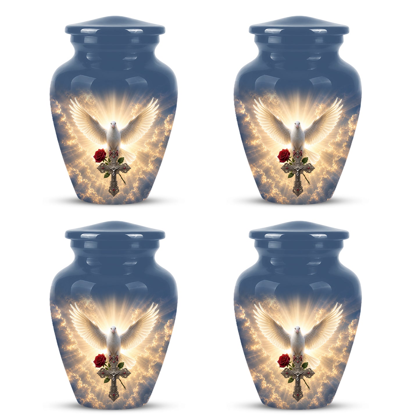 White Dove Bird With Rose - Blue Memorial Urns For Human Ashes