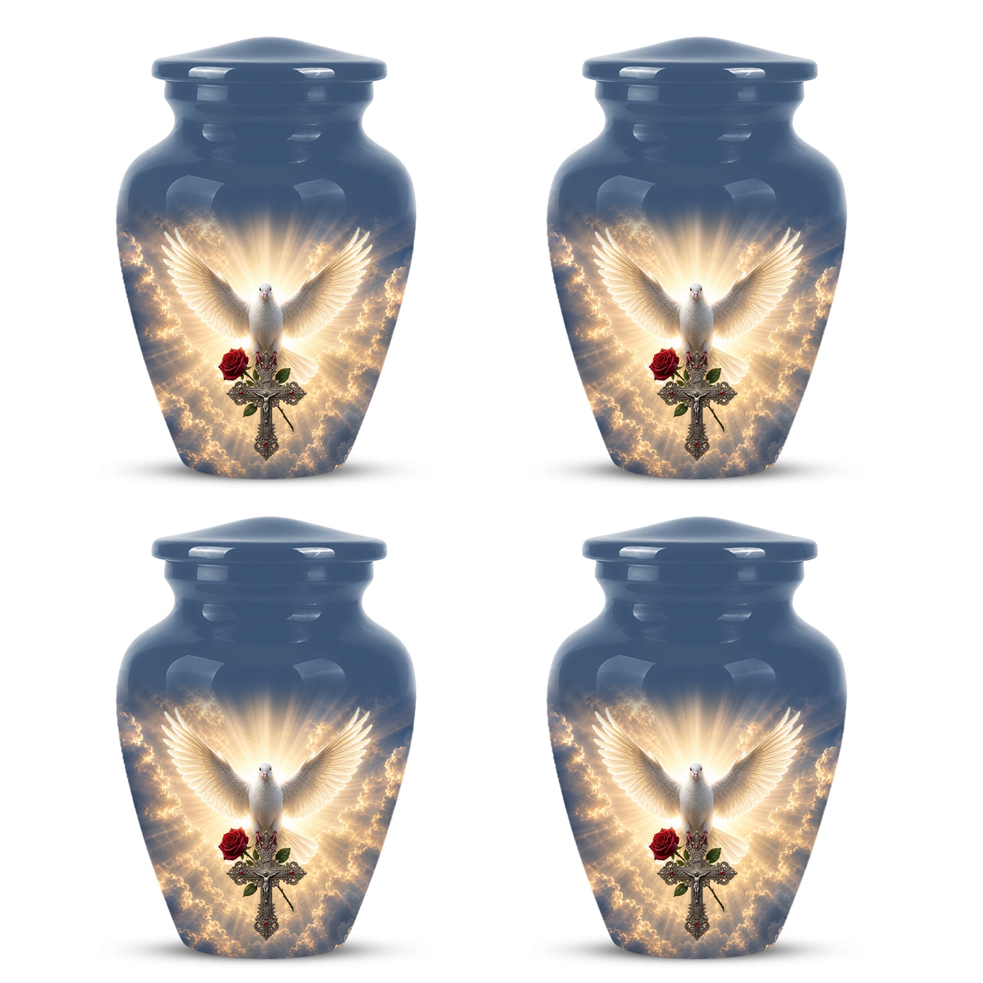 White Dove Bird With Rose - Blue Memorial Urns For Human Ashes