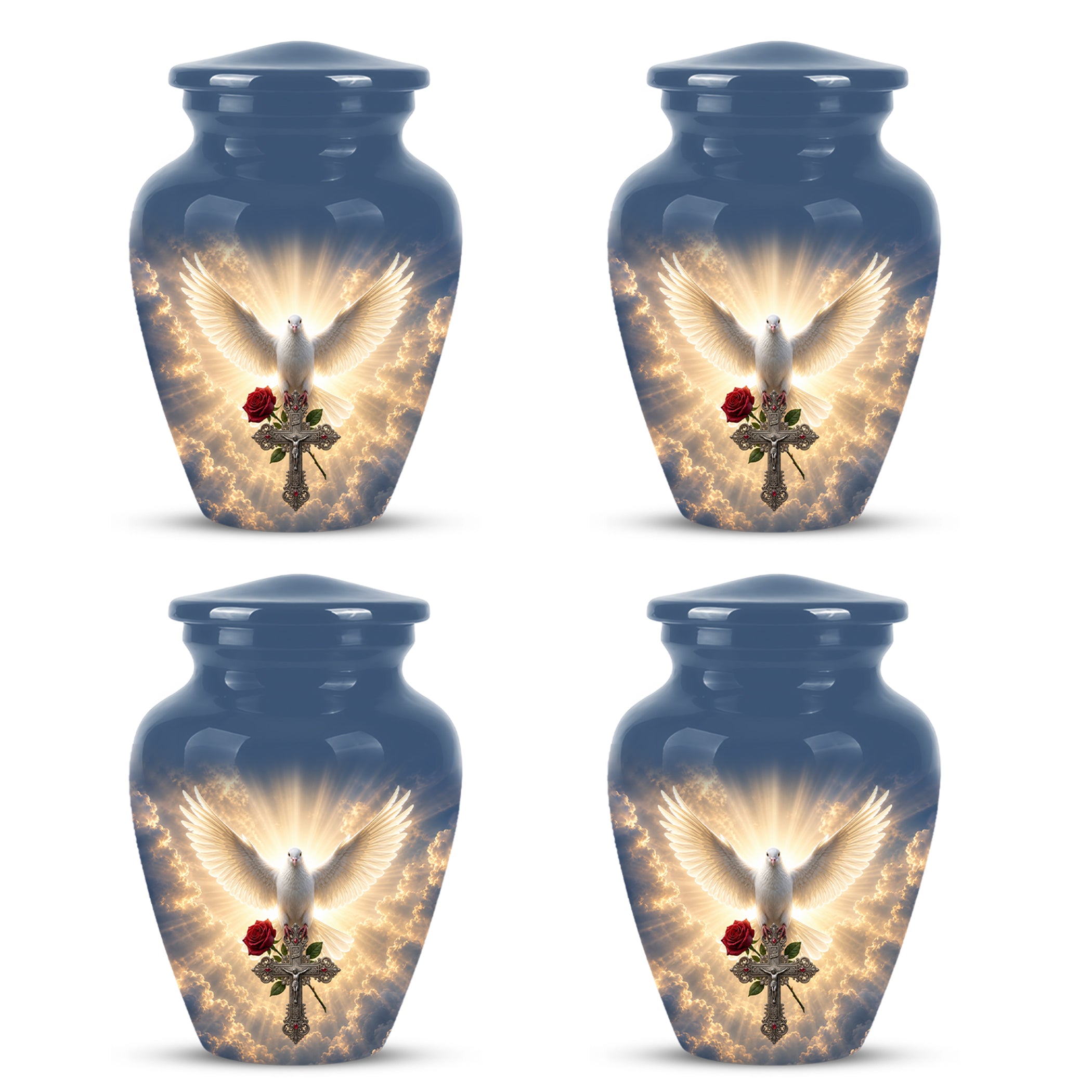White Dove Bird With Rose - Blue Memorial Urns For Human Ashes