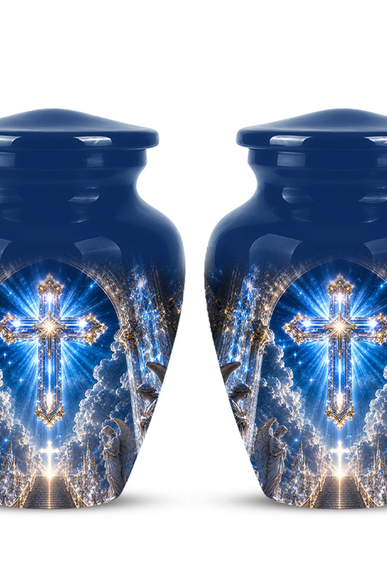 Heavenly Cross Cremation Urn – Blue Memorial Urn For Human Ashes