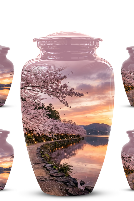 Pink Spring Tree Cremation Urns - Beautiful Nature Sunset Burial Urns