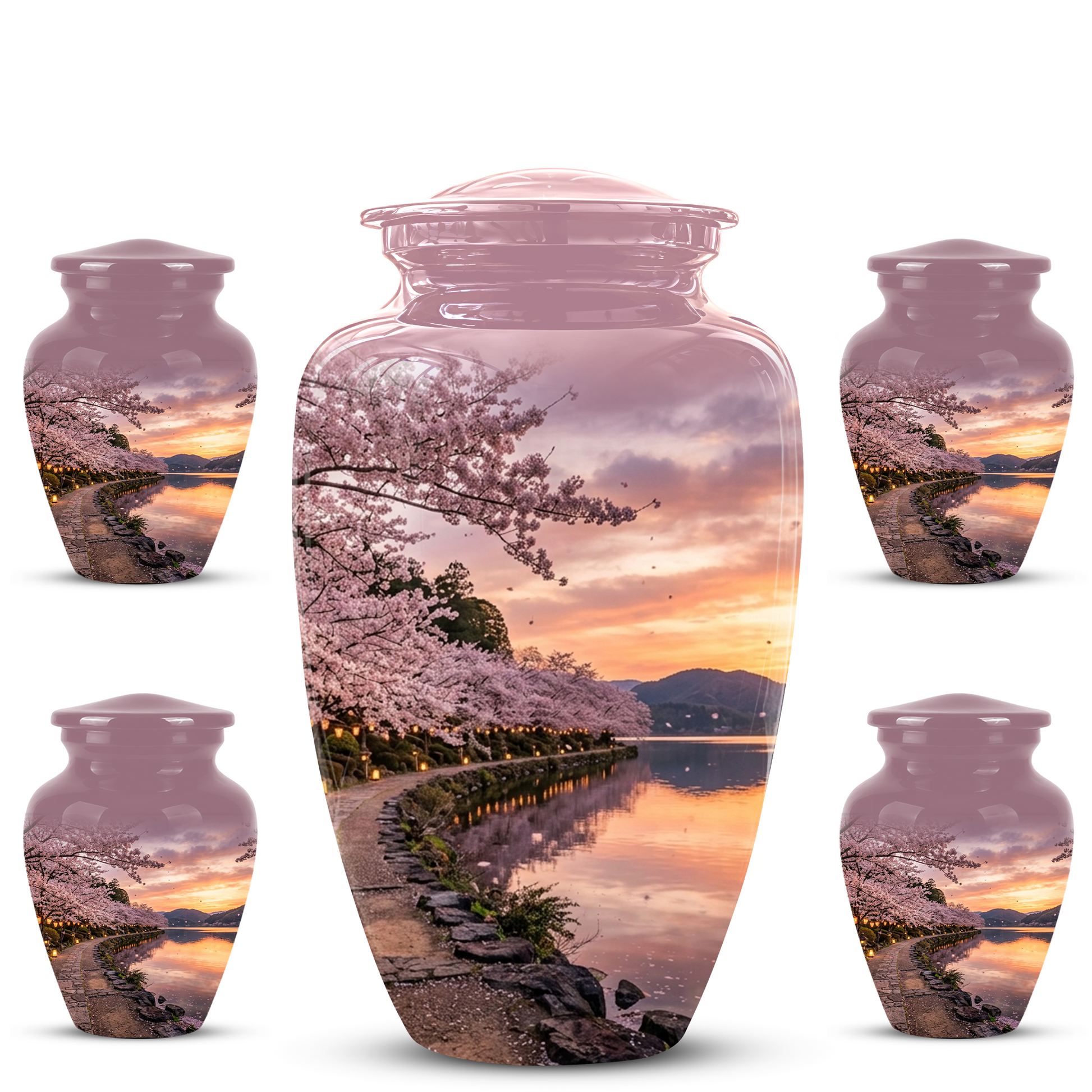 Pink Spring Tree Cremation Urns - Beautiful Nature Sunset Burial Urns