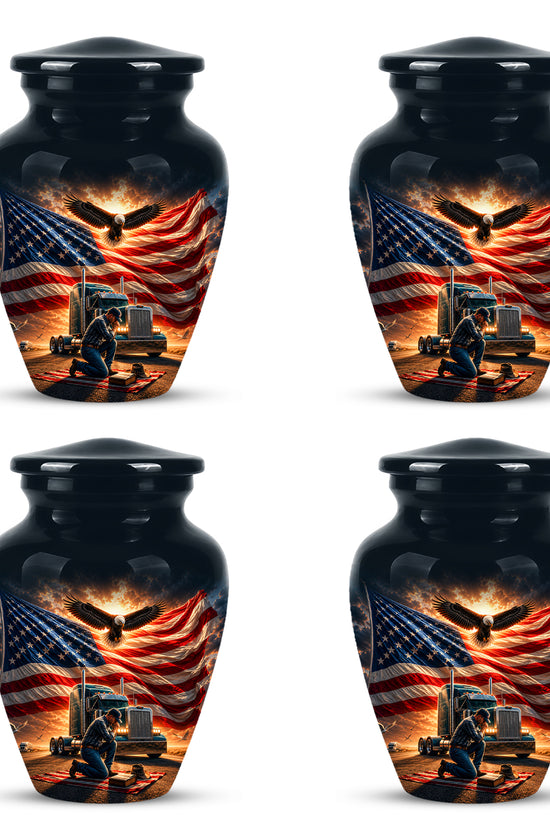 Personalized Patriotic Truck Driver Funeral Urn with American Flag Design