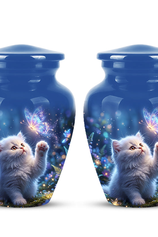 White Cat With Majestic Butterfly - Blue Cremation Urns For Human Ashes