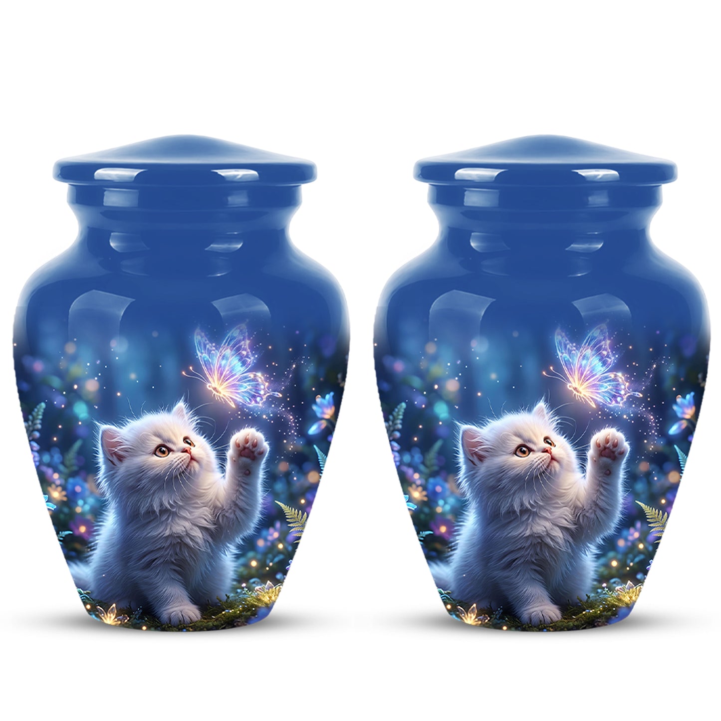 White Cat With Majestic Butterfly - Blue Cremation Urns For Human Ashes