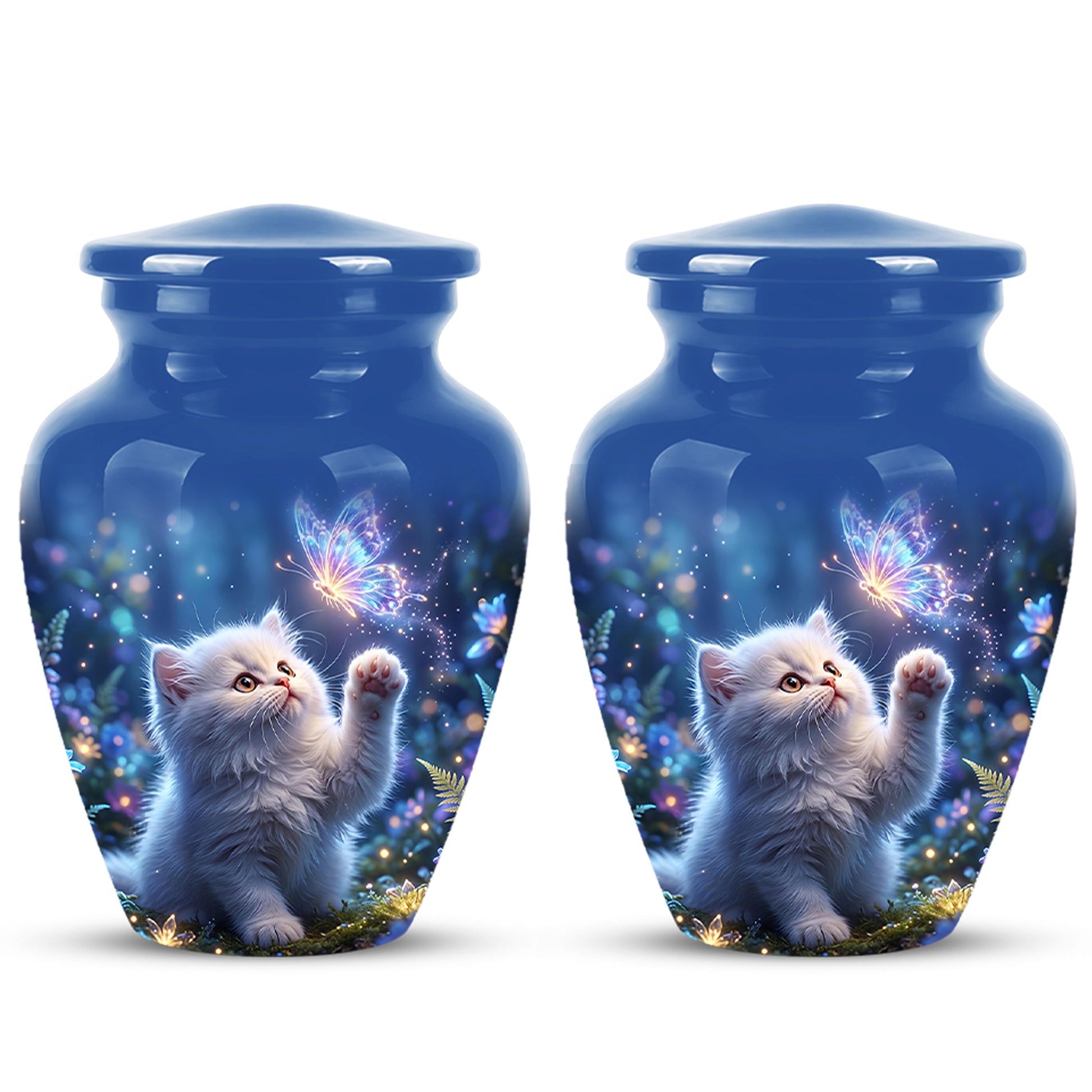 White Cat With Majestic Butterfly - Blue Cremation Urns For Human Ashes