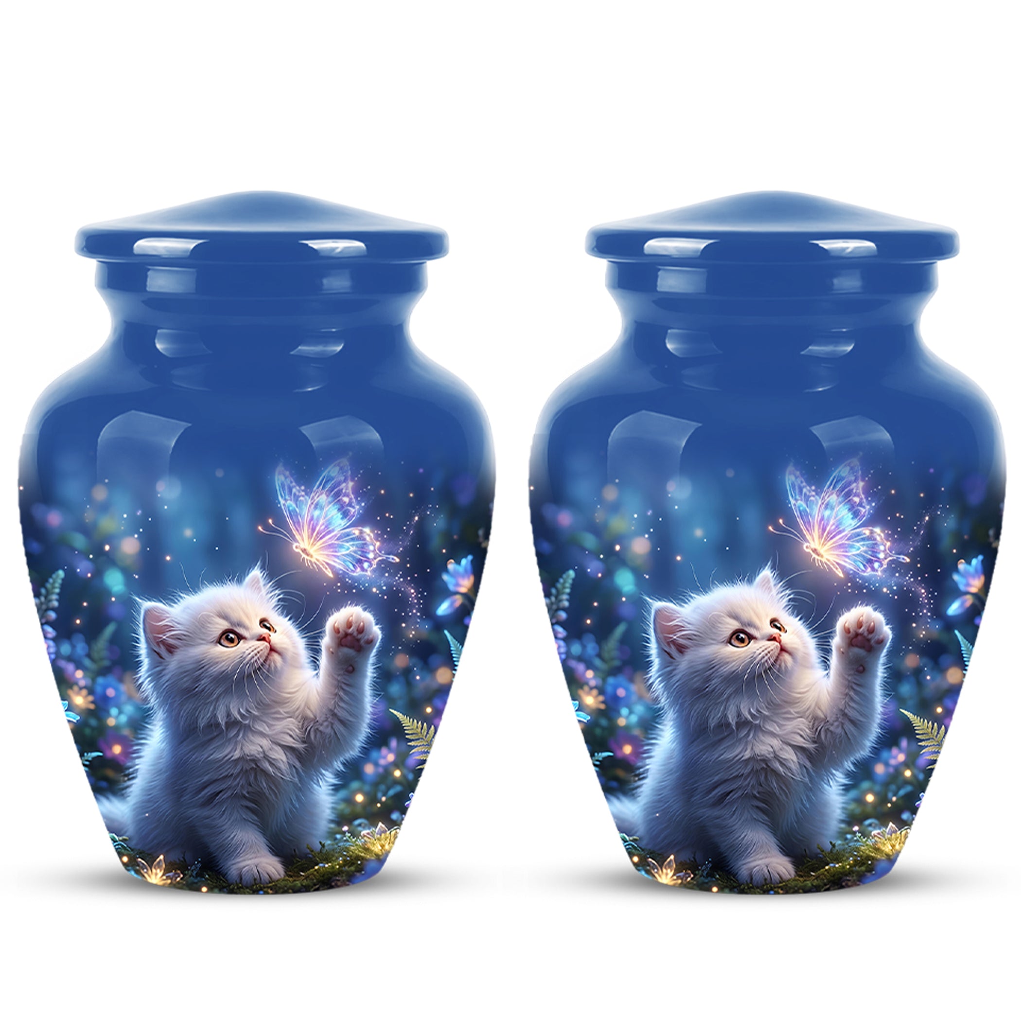White Cat With Majestic Butterfly - Blue Cremation Urns For Human Ashes