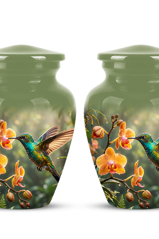 Colorful Hummingbird Urn - Green Cremation Urn For Nature Lovers Ashes
