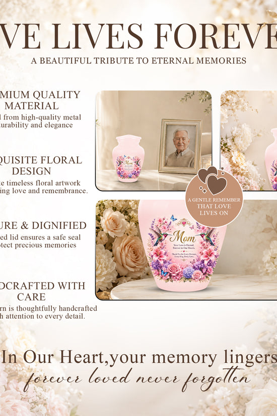 Hummingbird Floral Memorial Urn for Mother – Pink Aluminium Cremation Urn for Loved ones