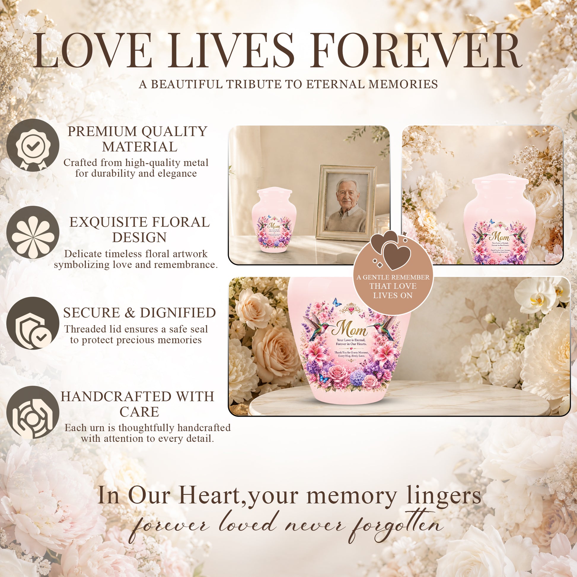 Hummingbird Floral Memorial Urn for Mother – Pink Aluminium Cremation Urn for Loved ones