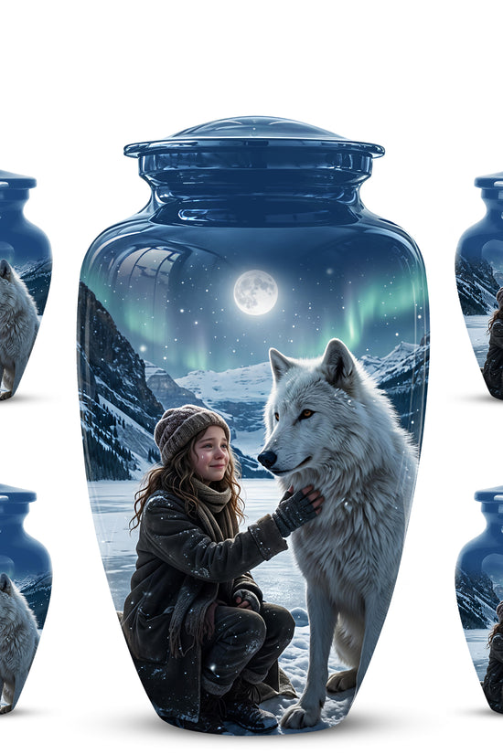 Snowy Moonlit White Wolf Urn for Ashes | Custom Memorial Urn