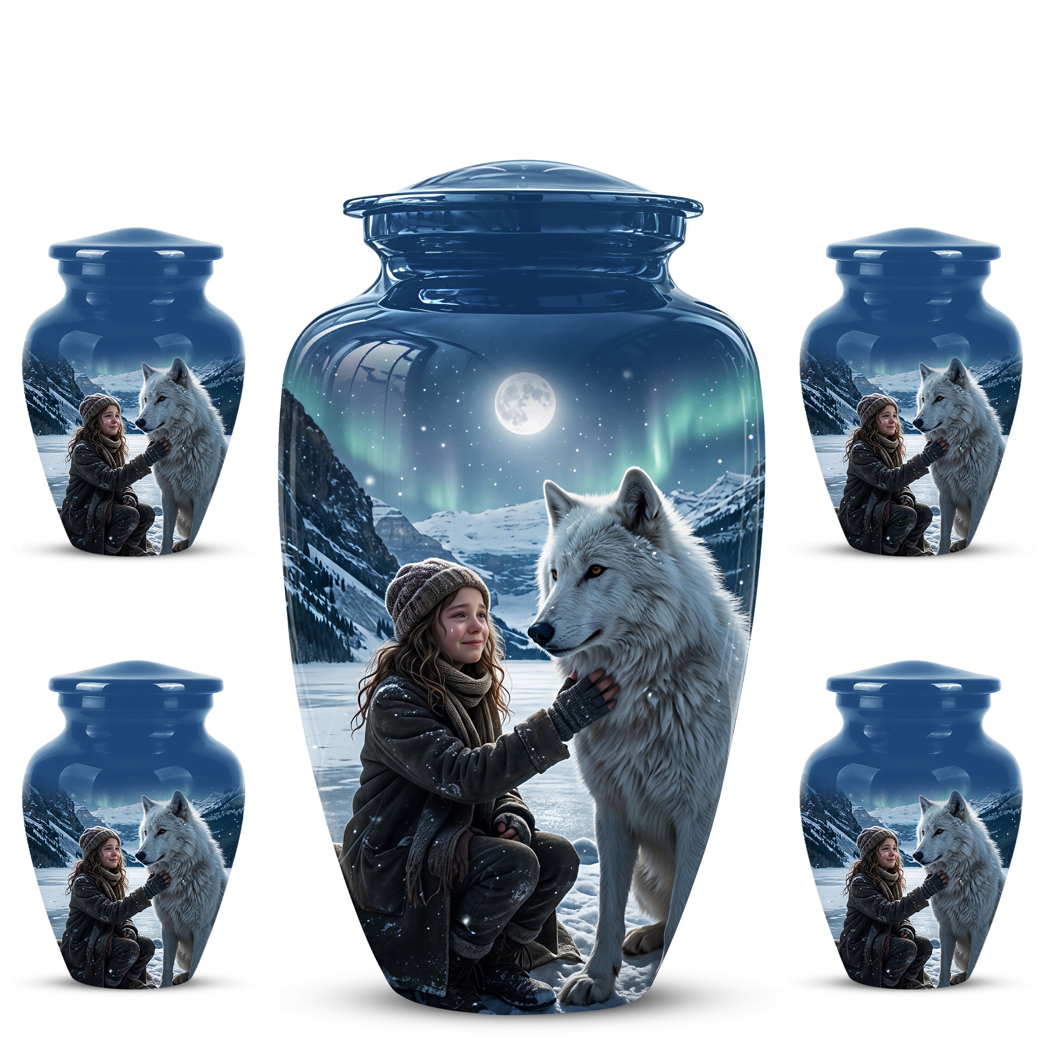 Snowy Moonlit White Wolf Urn for Ashes | Custom Memorial Urn