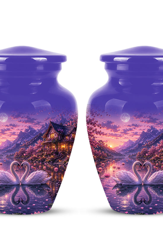 Couple Swan Cremation Urn - Purple Memorial Urns For Loved Ones Ashes