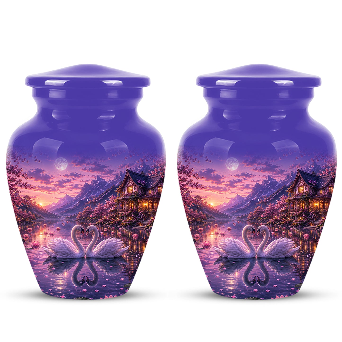 Couple Swan Cremation Urn - Purple Memorial Urns For Loved Ones Ashes
