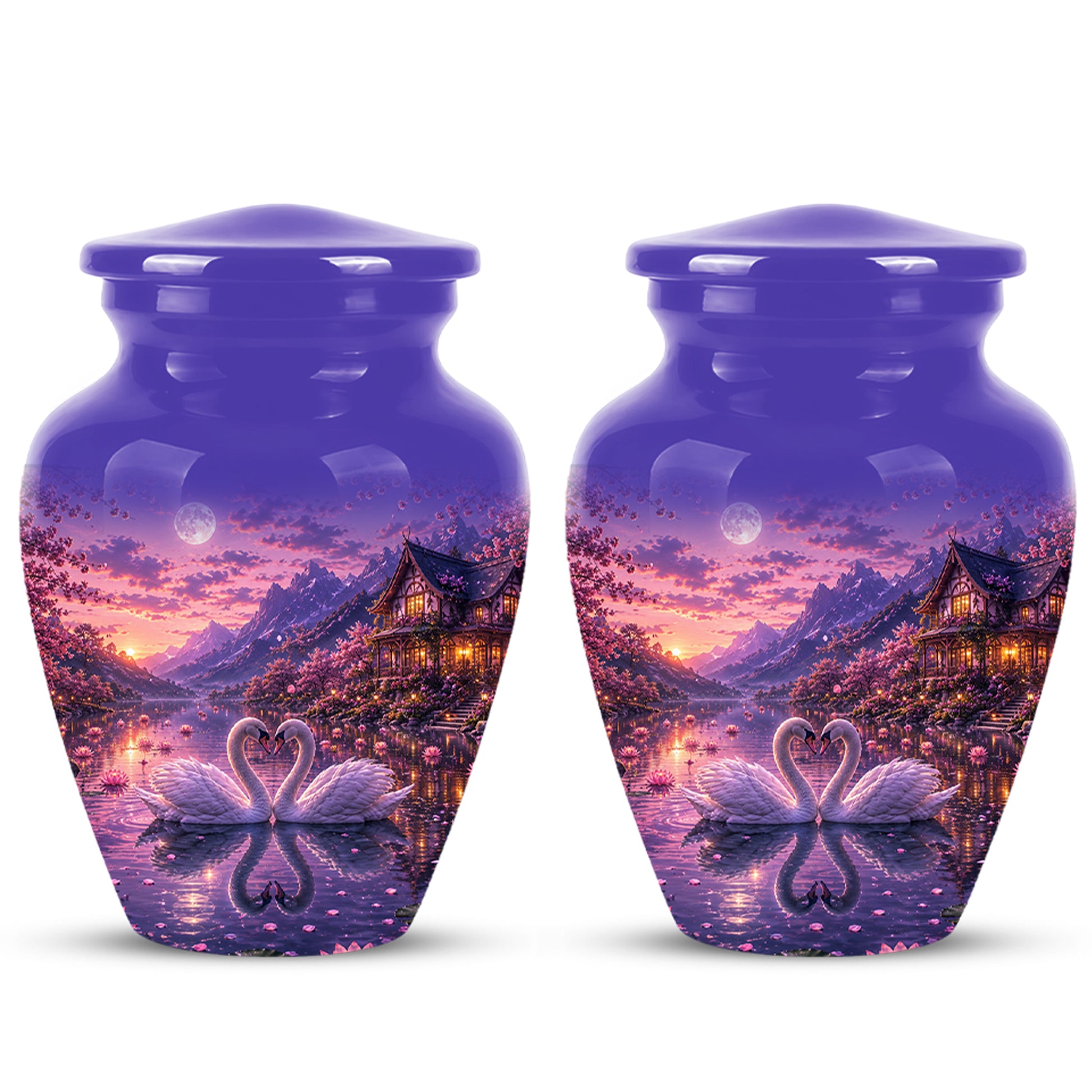 Couple Swan Cremation Urn - Purple Memorial Urns For Loved Ones Ashes
