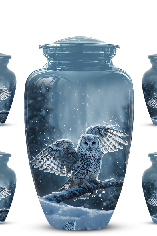 Snowy Owl Cremation Urn - Blue Funeral Urns For Human Ashes
