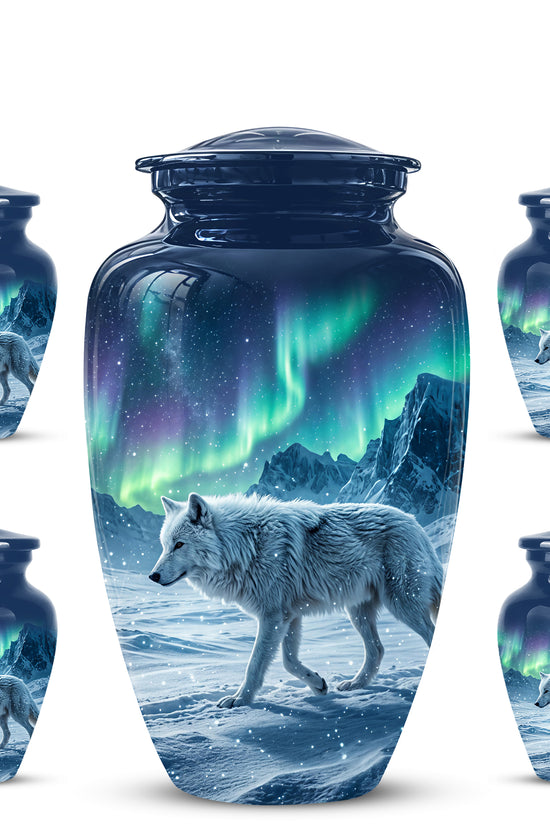 Snowy Wolf Cremation Urn - Northern Light Memorial Urn For Human Ashes