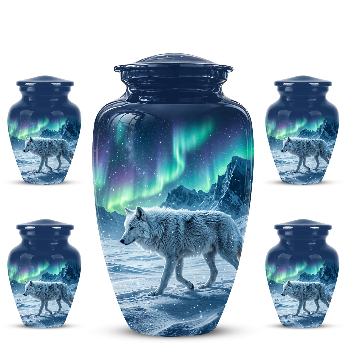 Snowy Wolf Cremation Urn - Northern Light Memorial Urn For Human Ashes
