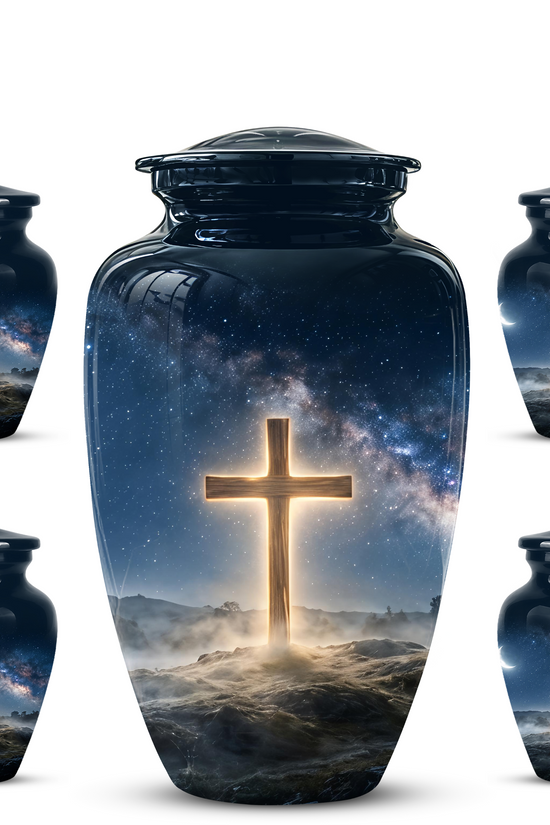 Jesus Cross In Night Sky Urn - Artistic Funeral Memorial Urns For Human Ashes