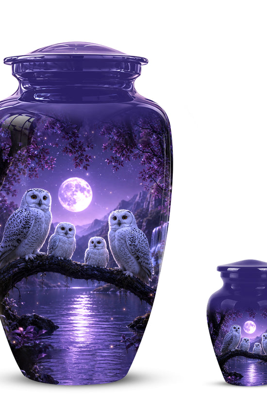 Snowy Owl Family Themed Cremation Urn - Purple Moonlight Memorial Urns