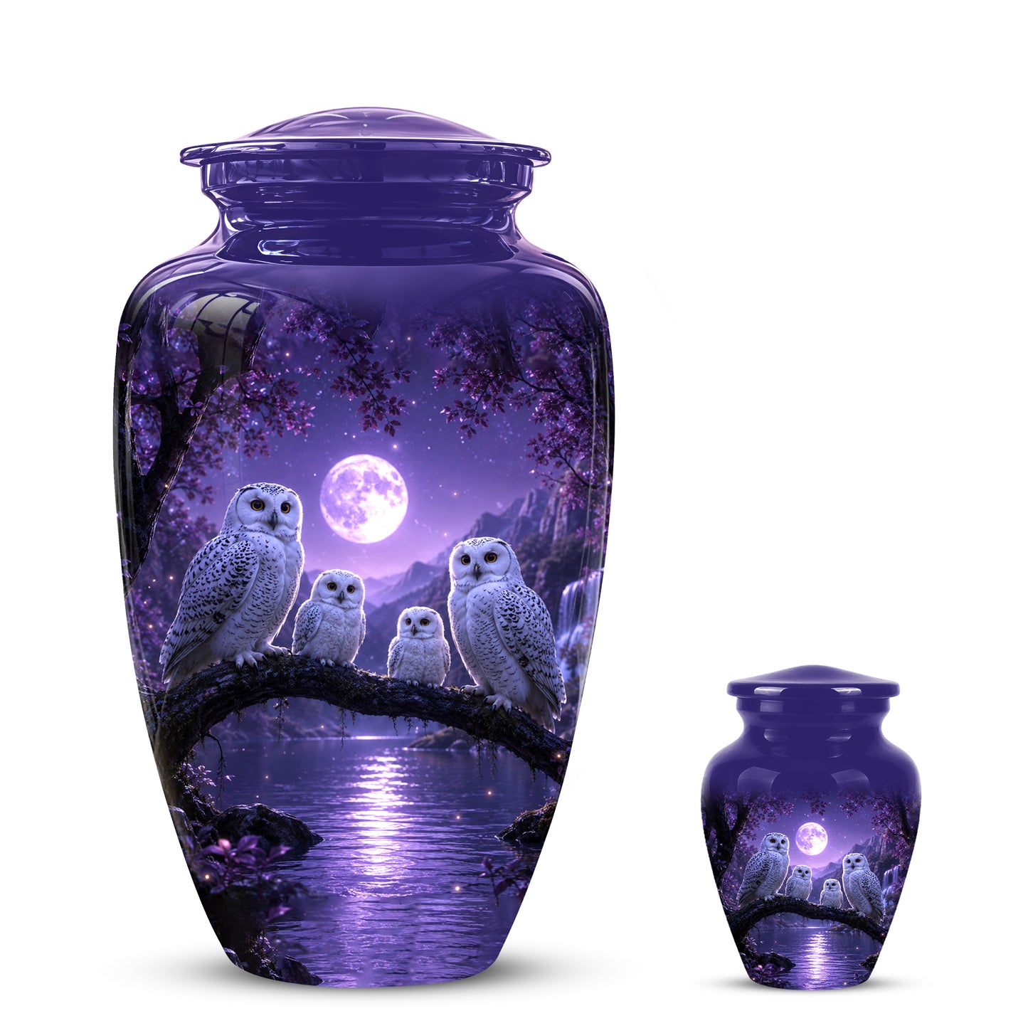 Snowy Owl Family Themed Cremation Urn - Purple Moonlight Memorial Urns