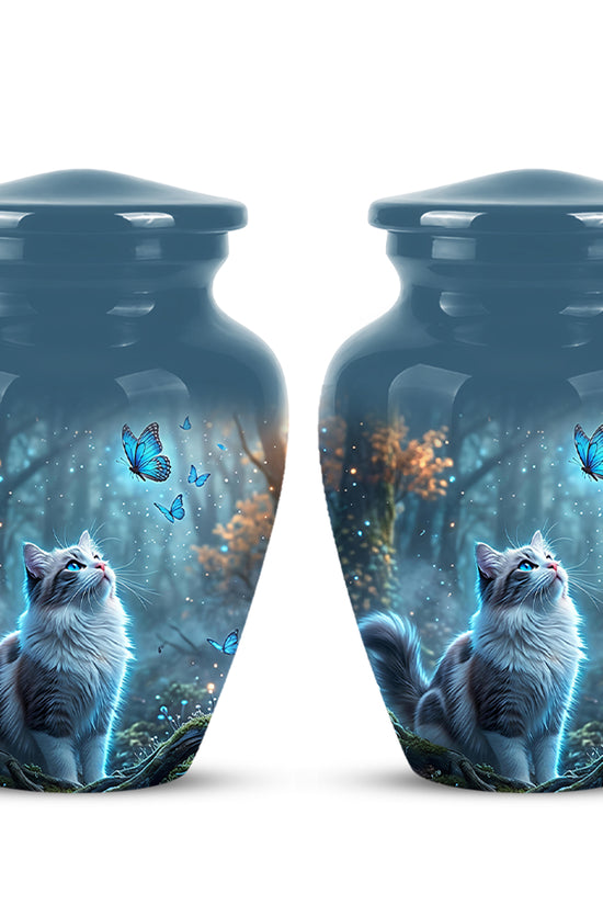 White Cat With Flying Butterfly - Custom Handcrafted Urns For Humans