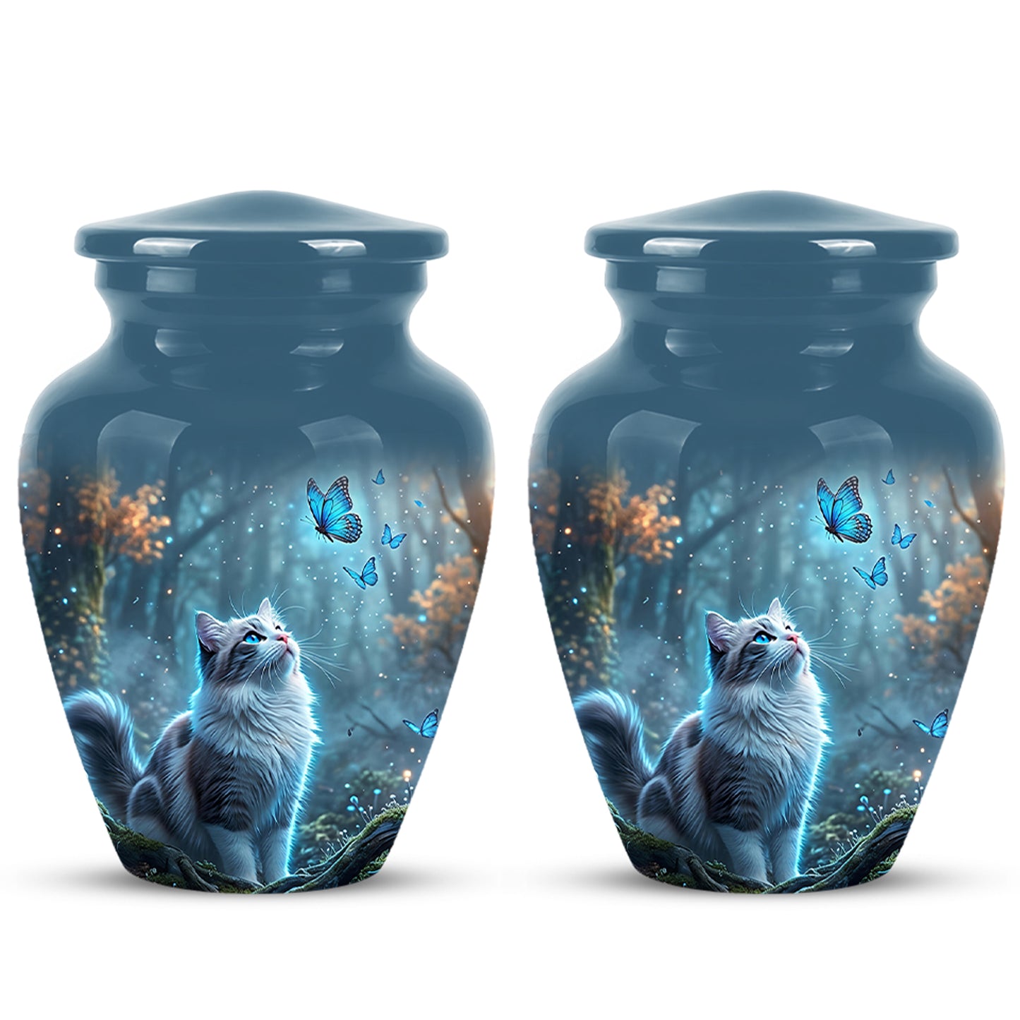 White Cat With Flying Butterfly - Custom Handcrafted Urns For Humans