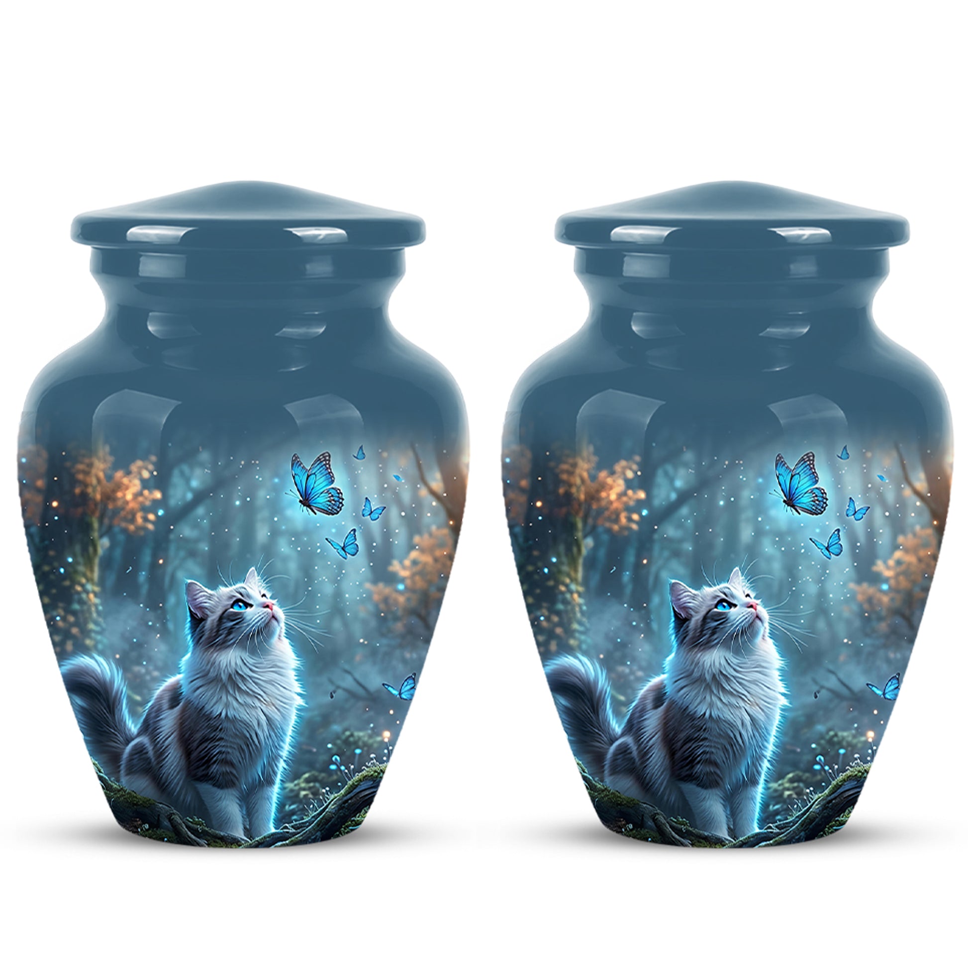 White Cat With Flying Butterfly - Custom Handcrafted Urns For Humans