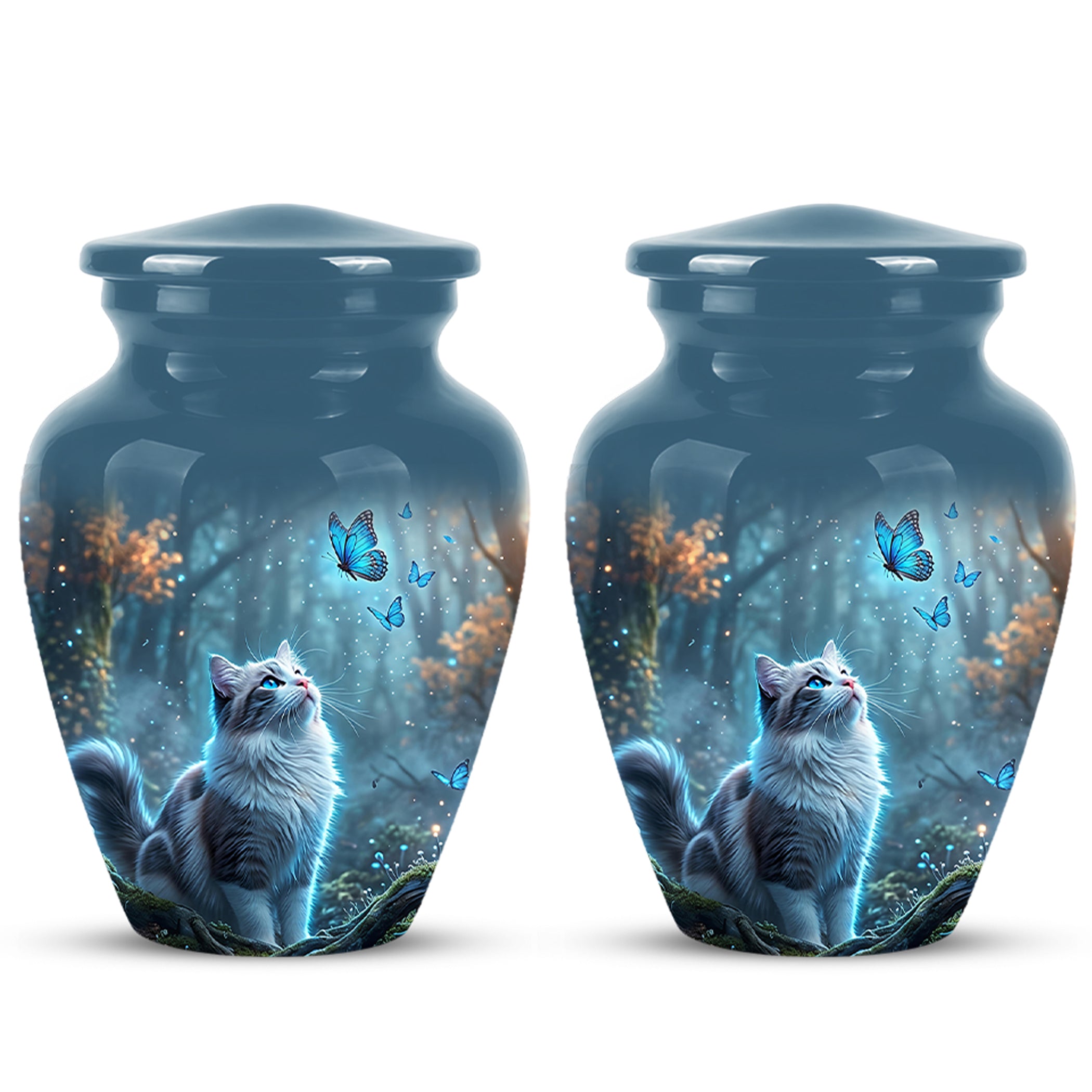 White Cat With Flying Butterfly - Custom Handcrafted Urns For Humans
