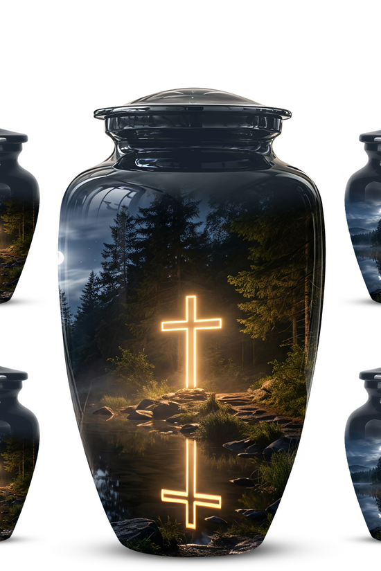 Glowing Cross In Forest - A Peaceful Tribute For Spiritual Human Ashes