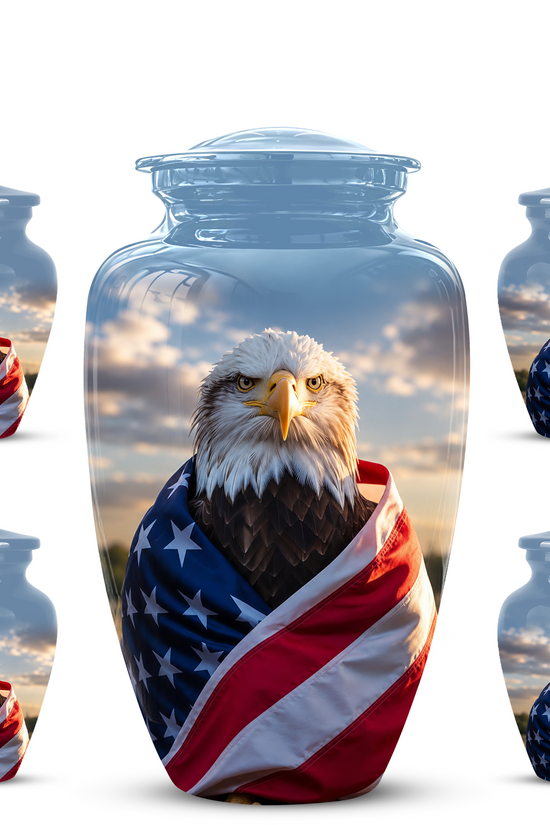 Bald Eagle Draped in American Flag - Patriotic Burial Urns For Human Ashes