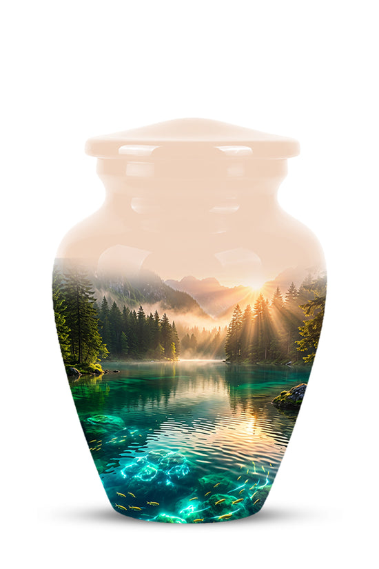 Serene Mountain Lake Cremation Urn- Custom Memorial Art Urns For Ashes